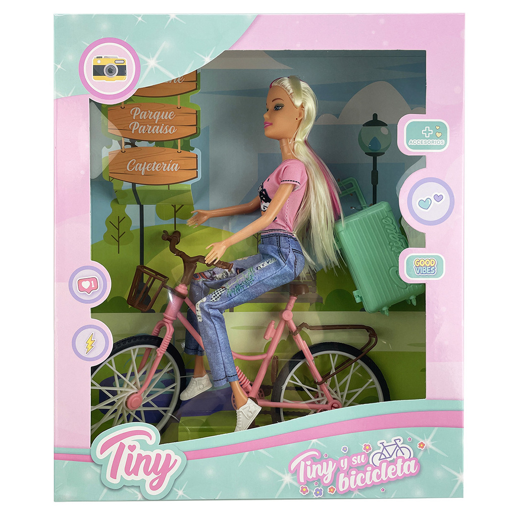 MUÑECA TINY Y SU BICICLETA VIAJERA 34 X 28 X 8 CM
