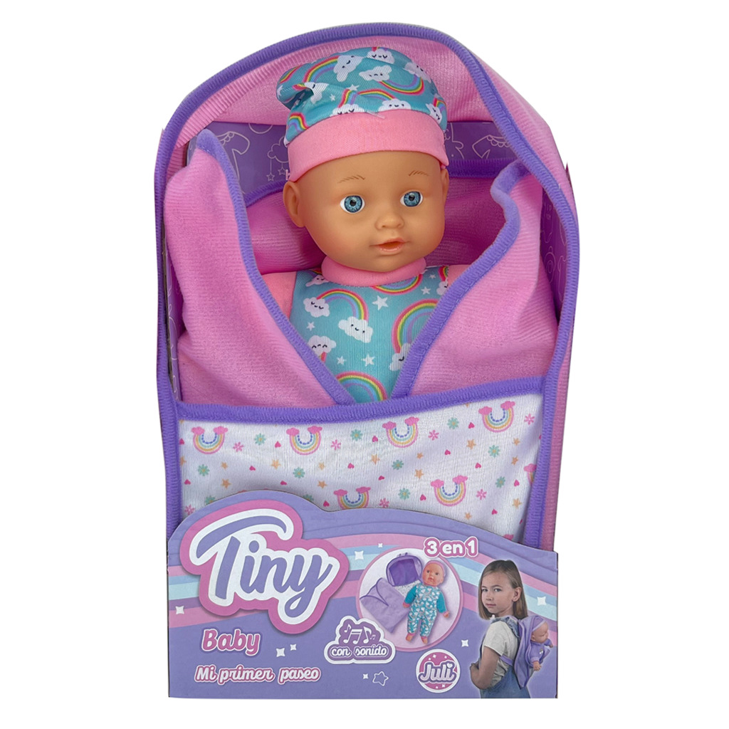 BEBOTE TINY CON MOCHILA, MANTITA Y SONIDOS 27 CM (CUERPO BLANDO) 17 X 10 X 8 CM