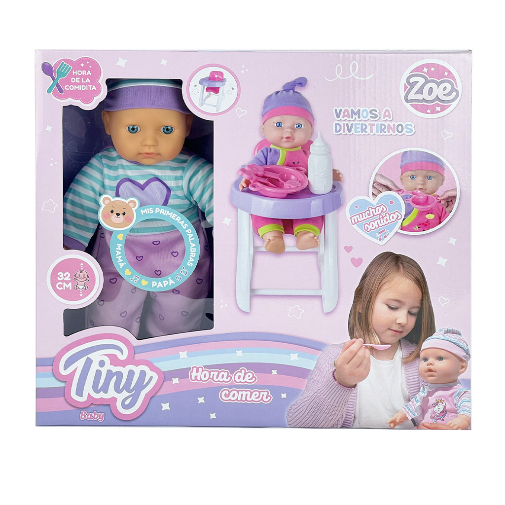BEBOTE TINY HORA DE COMER CON SILLITA, ACCESORIOS Y SONIDOS 32 CM (CUERPO BLANDO) 43 X 36 X 10 CM