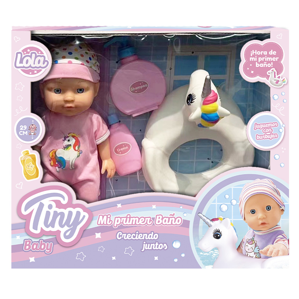 BEBOTE TINY CON UNICORNIO Y ACCESORIOS 29 CM (CUERPO DURO) 35 X 30 X 12 CM