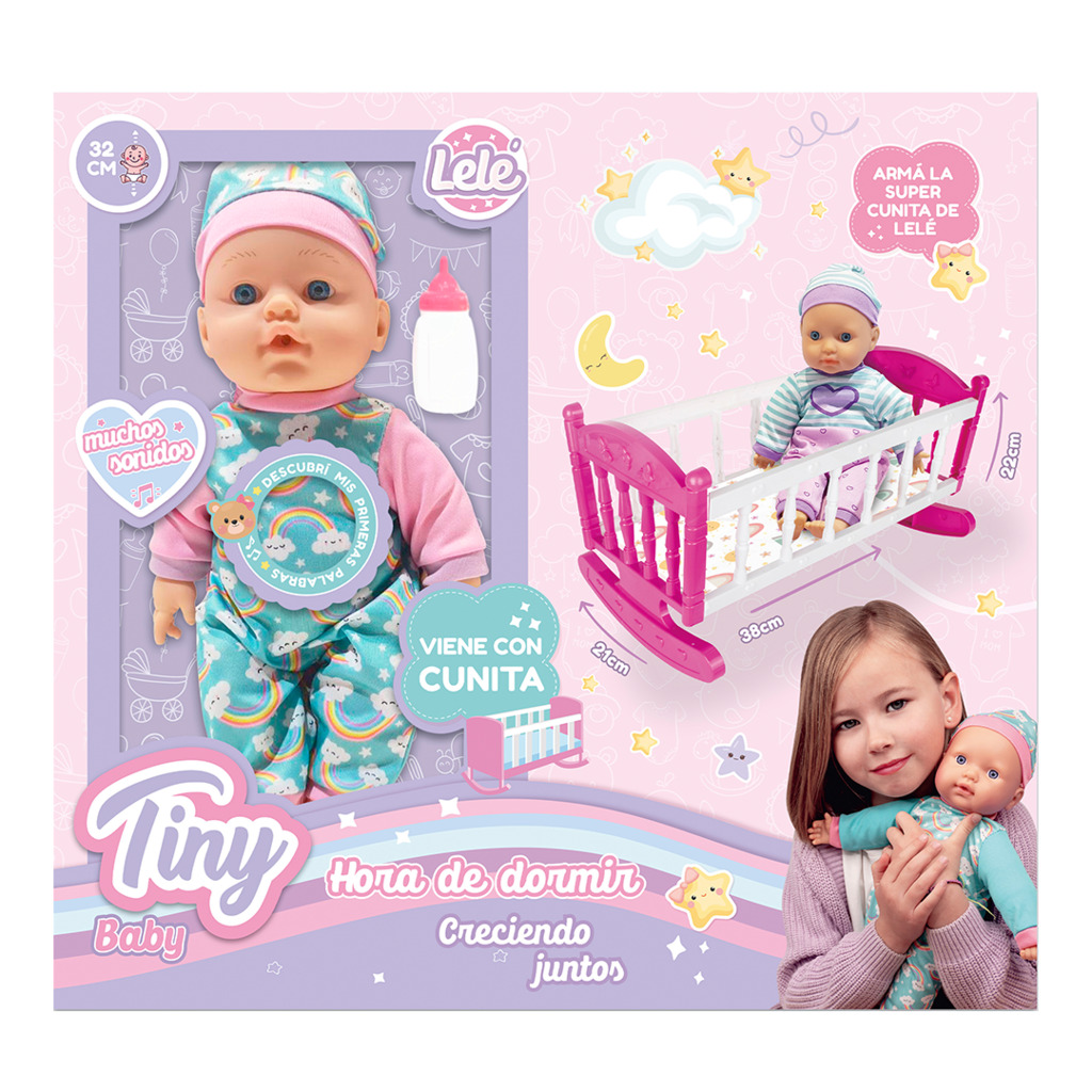 BEBOTE TINY CON CUNITA Y SONIDOS 32 CM (CUERPO BLANDO) 42 X 39 X 10 CM