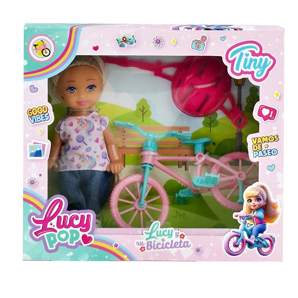 MINI MUÑECA LUCY POP TINY CON BICICLETA Y ACCESORIOS 16 X 14 X 5,5 CM