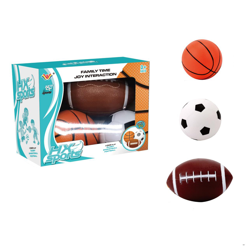 SET DE PELOTAS DEPORTES x 3 (EN CAJA) BASKET/ FUTBOL 11,5 X 11,5 CM RUGBY 16 X 9,5 X 9,5 CM
