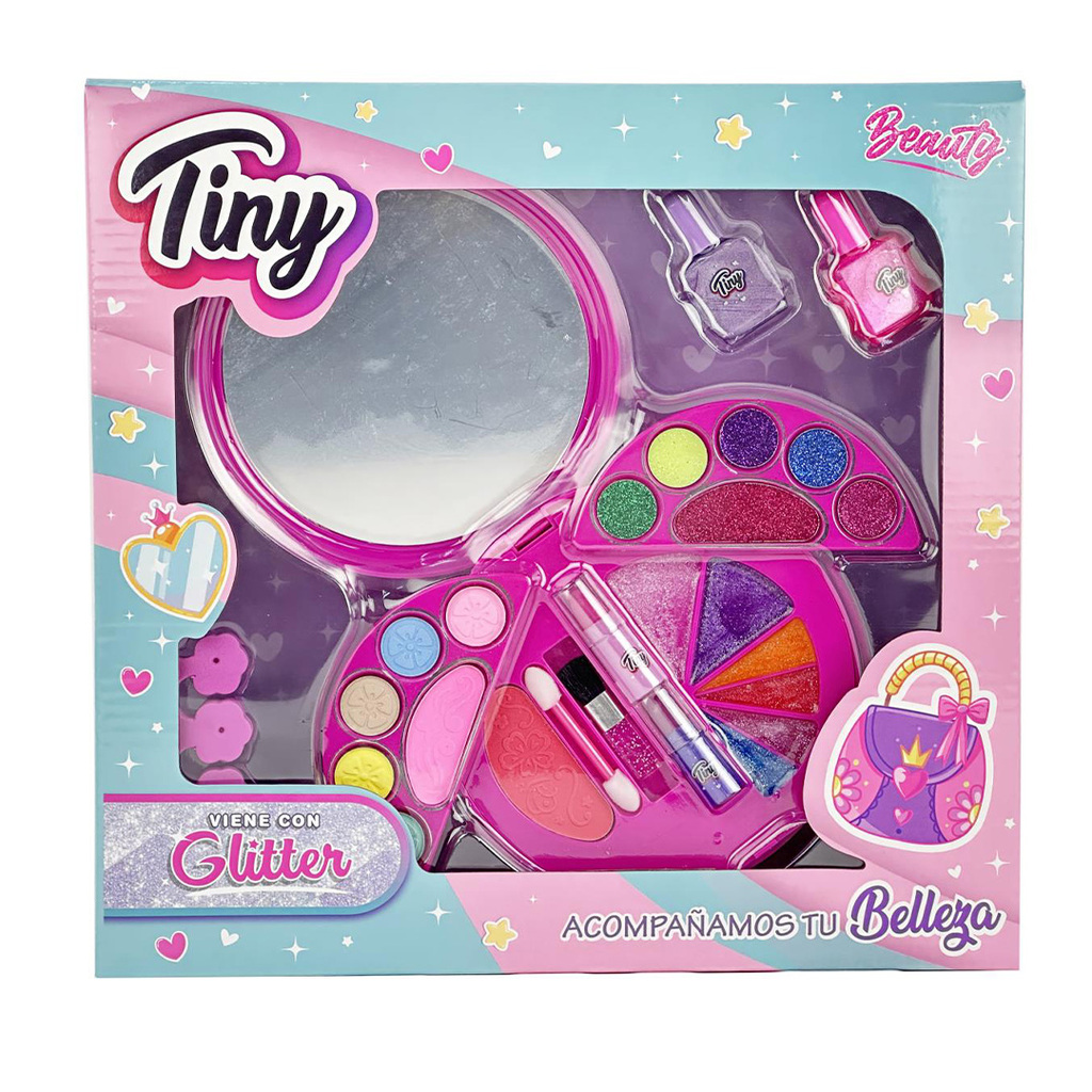 SET DE MAQUILLAJE CON ESPEJO SOMBRAS , GLITTER Y ACCESORIOS (EN CAJA) 30X29X6CM
