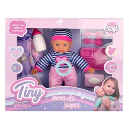[53731] BEBOTE TINY CON ROPA EXTRA, 6 ACCESORIOS Y SONIDOS 32 CM (CUERPO BLANDO) 43 X 36 X 10 CM