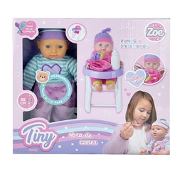 [53733] BEBOTE TINY HORA DE COMER CON SILLITA, ACCESORIOS Y SONIDOS 32 CM (CUERPO BLANDO) 43 X 36 X 10 CM